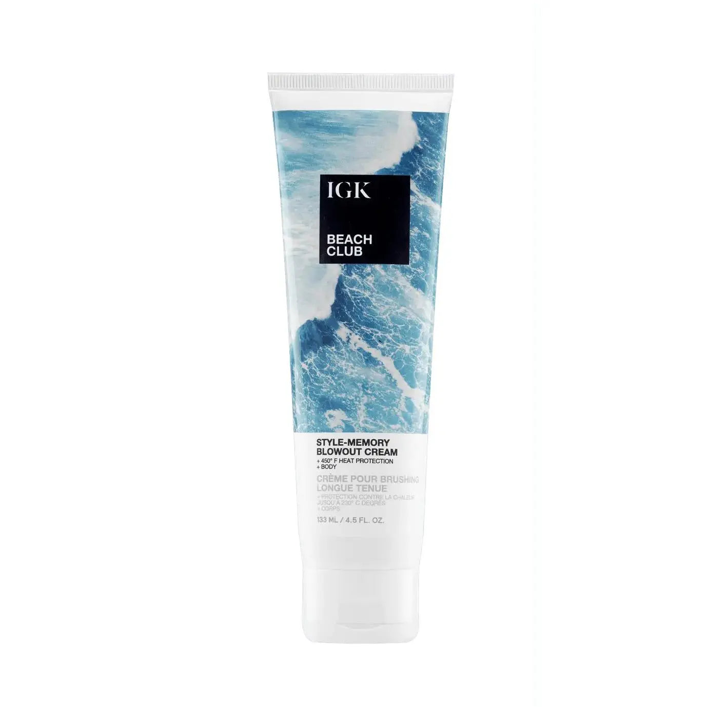 IGK Beach Club Bouncy Blowout Cream in an elegant packaging, designed for lightweight and versatile beach activities, showcasing its salon-quality volumizing benefits.