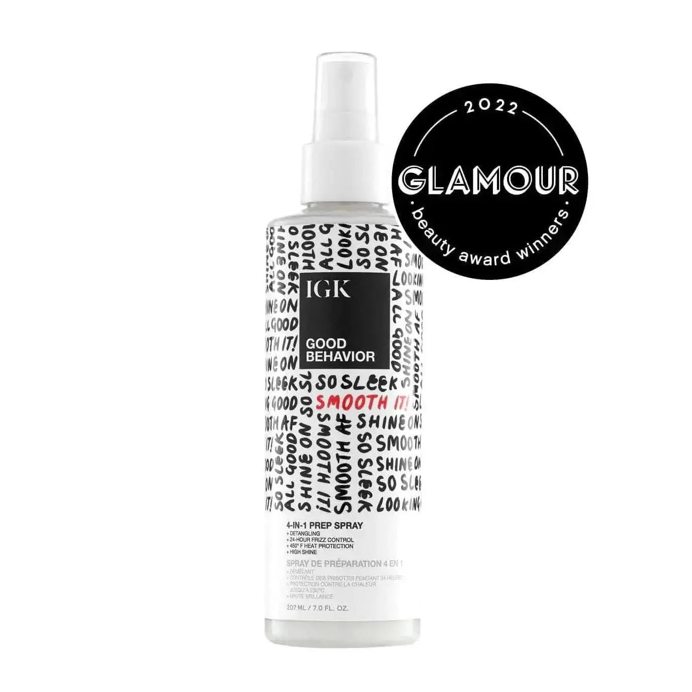 IGK Good Behavior 4 in 1 Prep Spray Frizz Gel, a versatile hair product designed to detangle, control frizz, protect from heat damage, and add shine for smooth, luxurious hair.