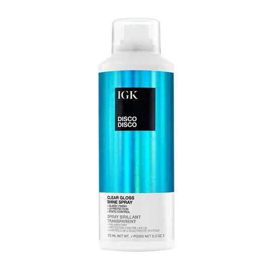 IGK DISCO Clear Gloss Shine Spray showcasing its lightweight formula for vibrant hair shine, offering protection against UV damage and frizz.