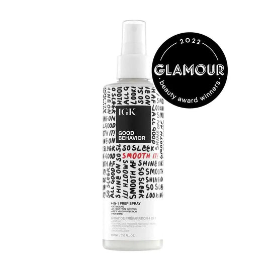 IGK Good Behavior 4 in 1 Prep Spray Frizz Gel, a versatile hair product designed to detangle, control frizz, protect from heat damage, and add shine for smooth, luxurious hair.